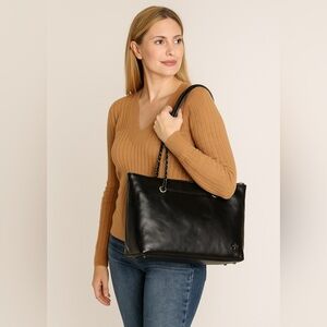 Patricia Nash Belle Tote Bag - Black Leather- leather and chain strap